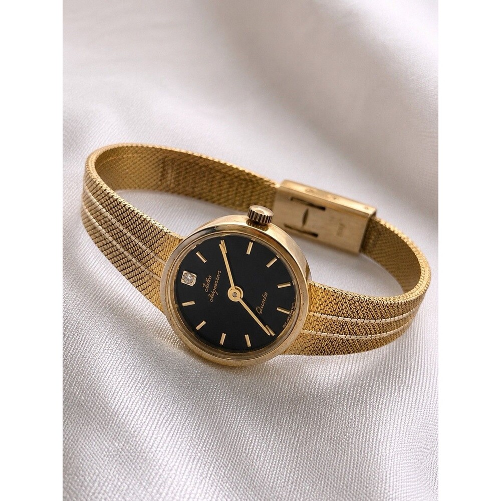 Vintage Jules Jurgensen Womens Gold Tone Mesh Watch Black Dial Minimalist Quartz